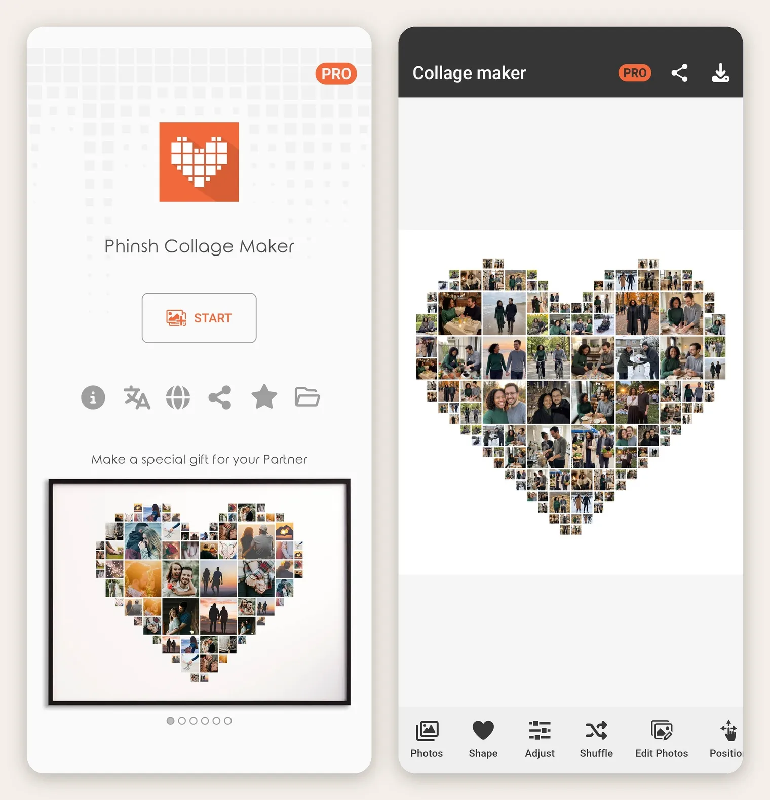 Phinsh start screen with the Start button next to the editor showing a heart collage of a couple