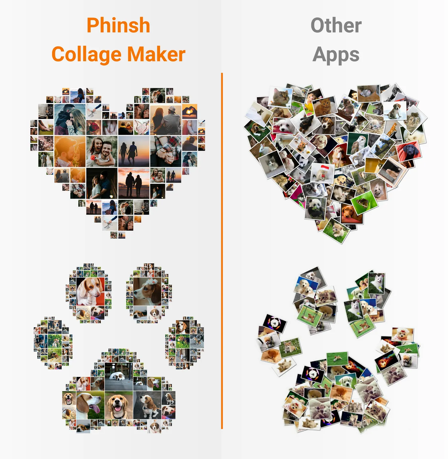 Comparison showing a high-quality Phinsh shape collage next to a messy collage from other apps.
