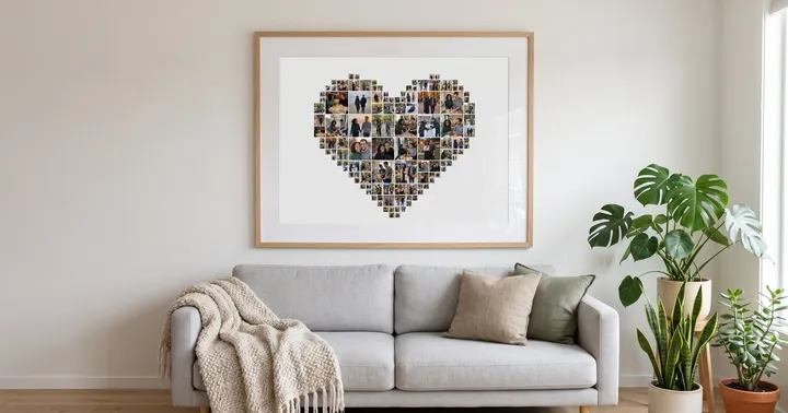 Heart-shaped photo collage framed with a wide white mat above a sofa in a bright living room