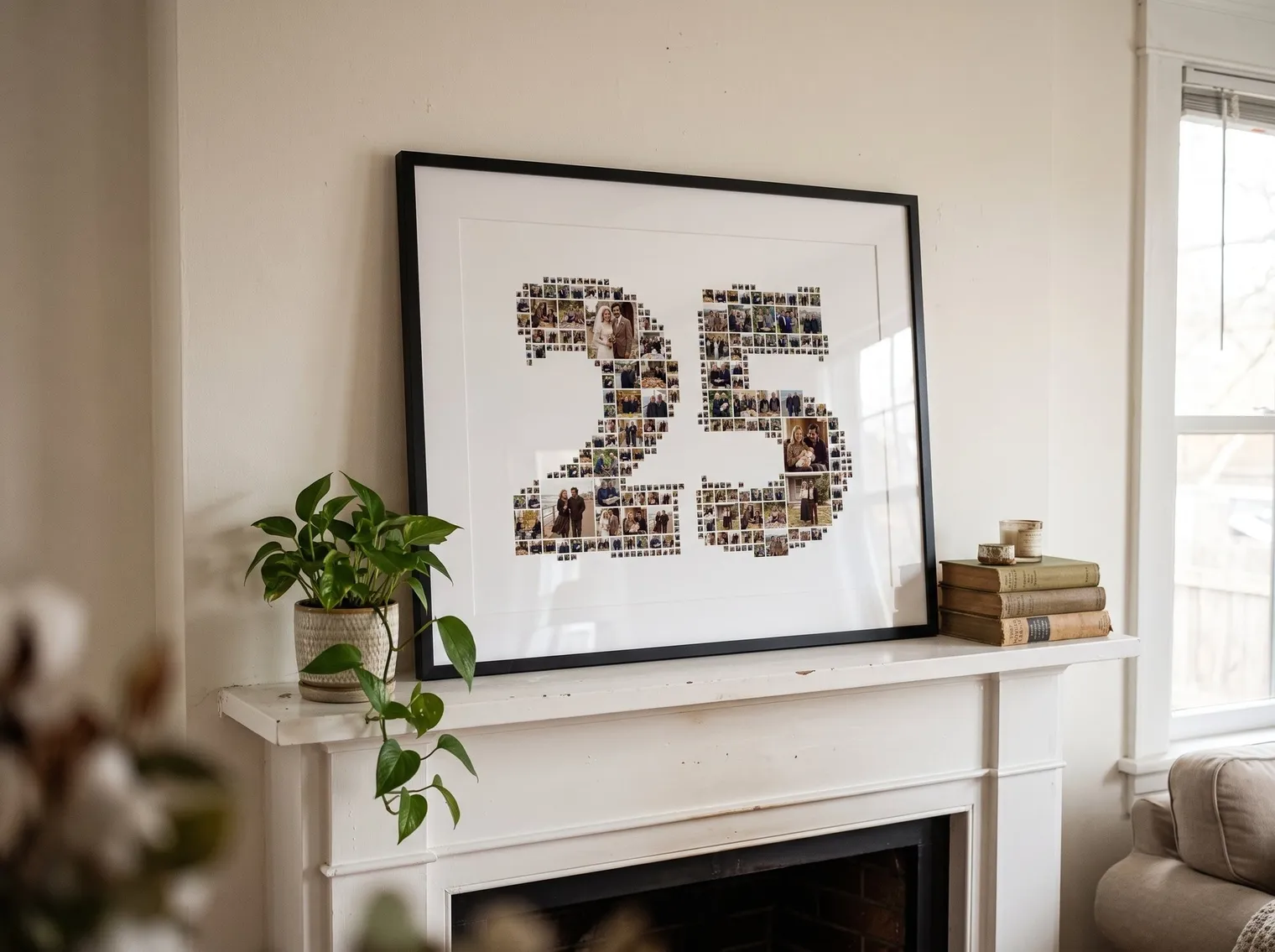 Number 25 photo collage framed on a mantel next to a plant and books