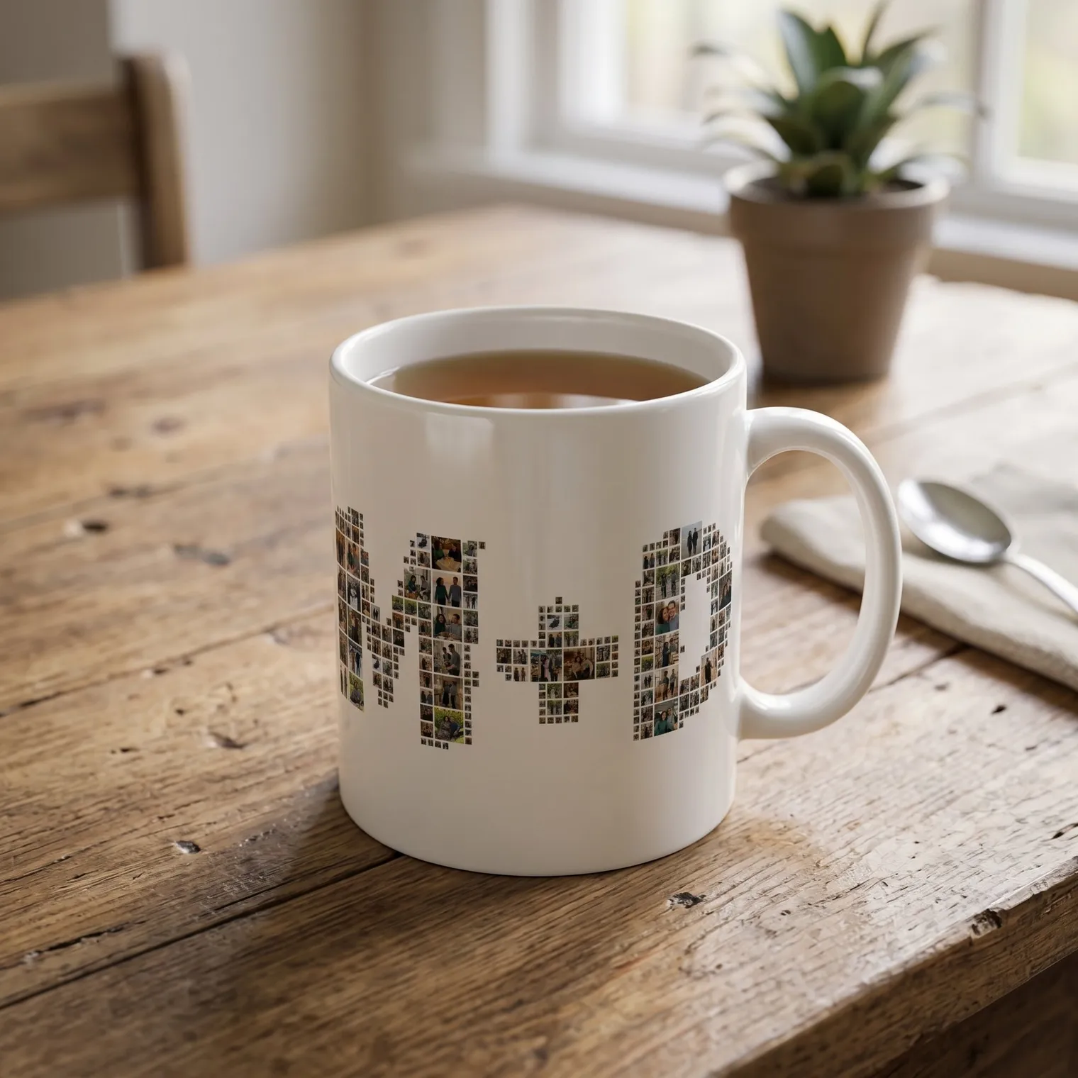 Initials photo collage printed on a white mug of tea