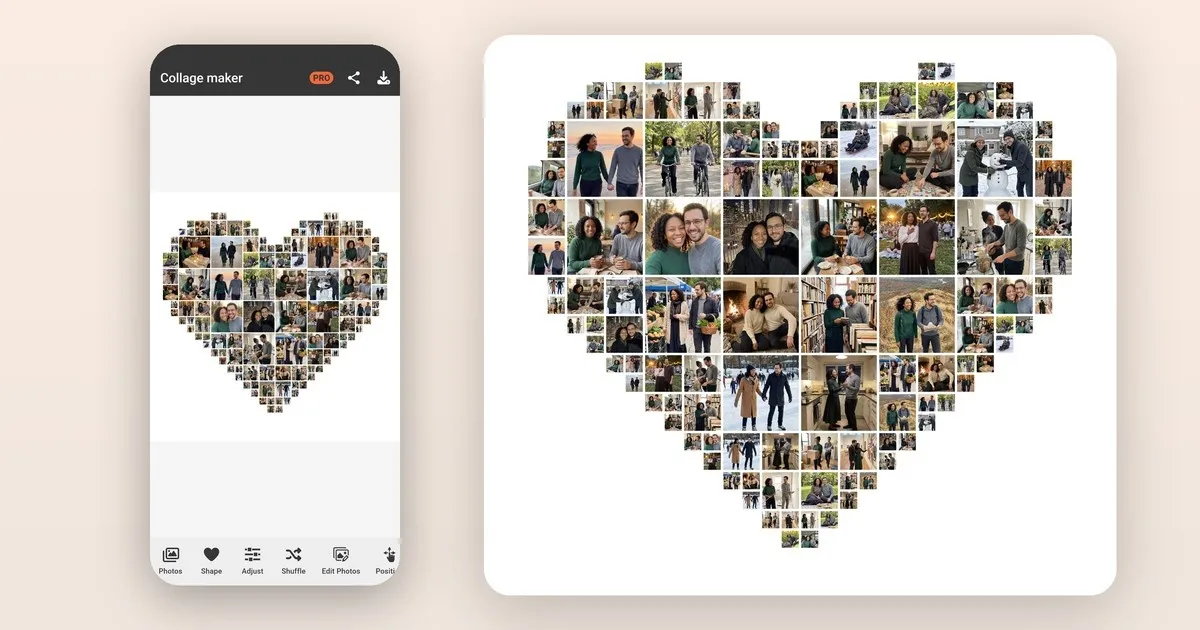 Heart-shaped photo collage of a couple next to the Phinsh collage editor on an iPhone screen