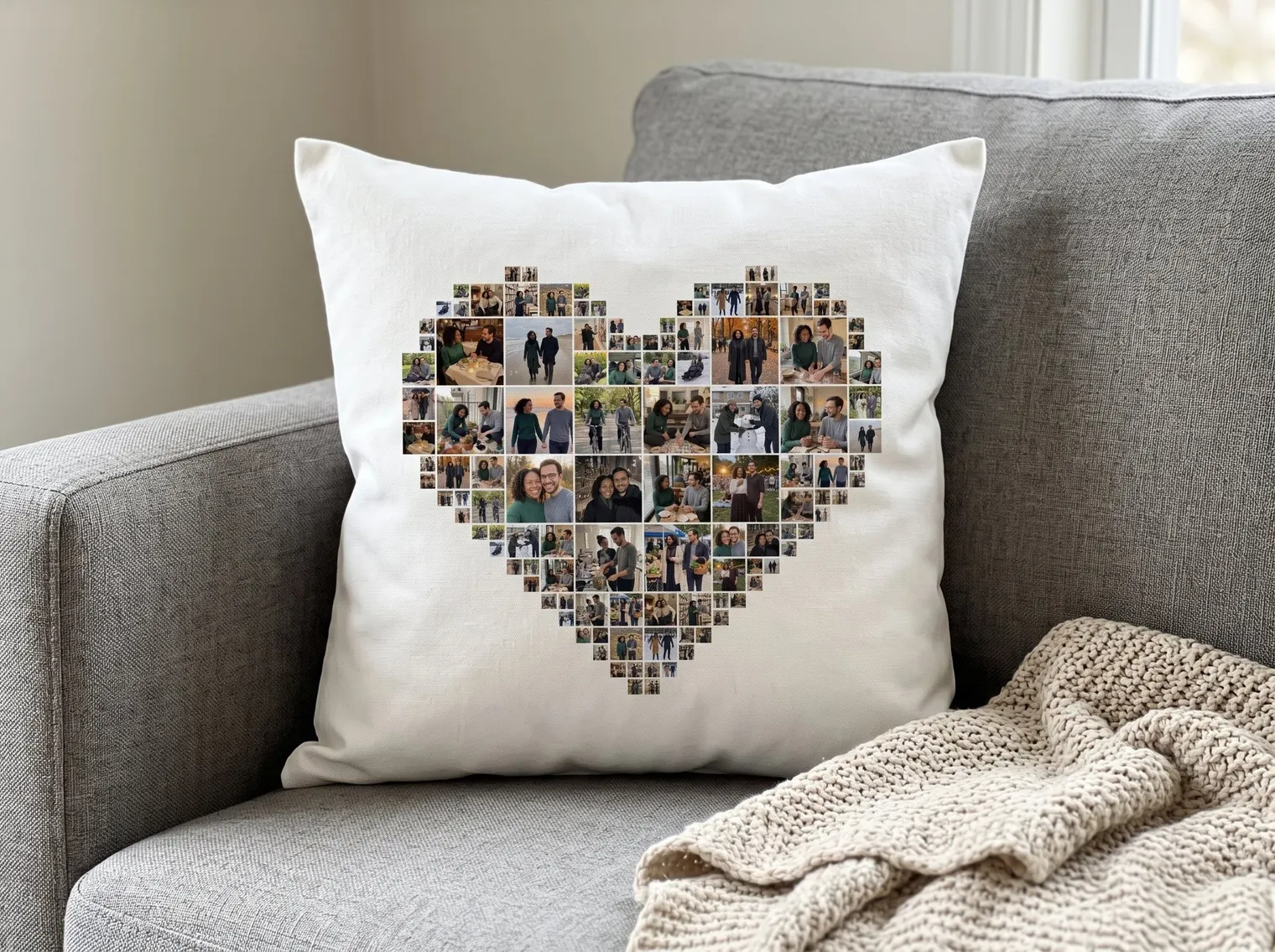 Photo collage printed on a throw pillow on a grey sofa