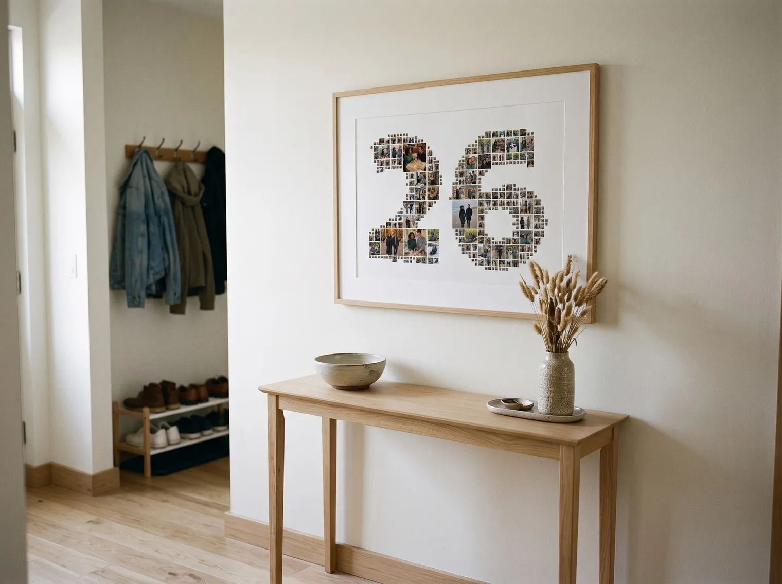 Number 26 photo collage framed with a wide white mat on a hallway wall above a console table