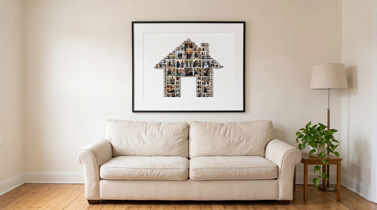 House-shaped photo collage framed with a wide white mat above a light sofa in a living room