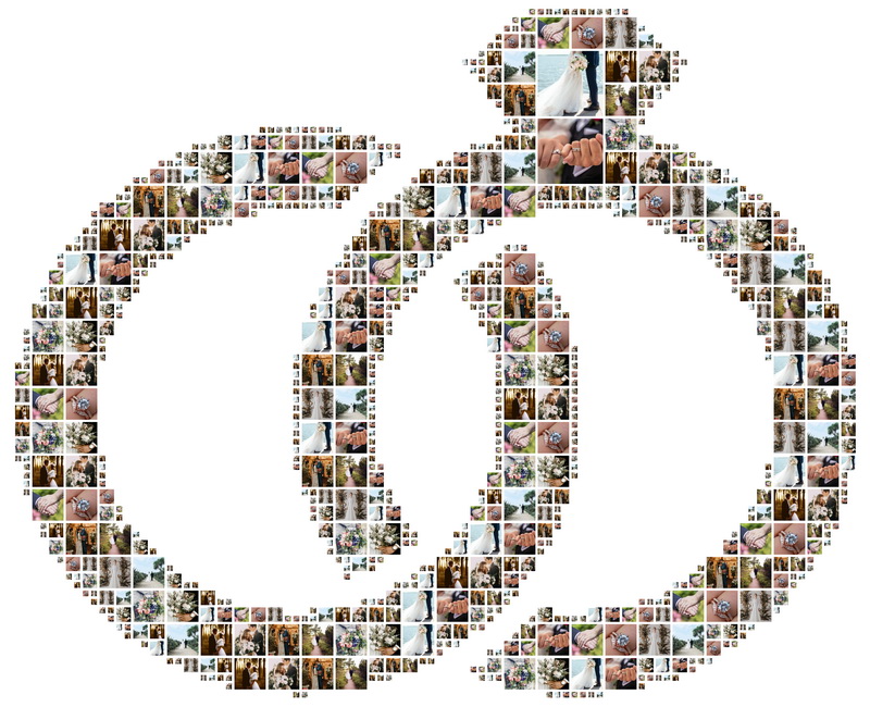 A unique wedding photo montage in the shape of two interlocking rings, symbolizing marriage.