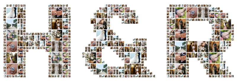 The word LOVE created as a text collage, with each letter formed by a collection of wedding photos.