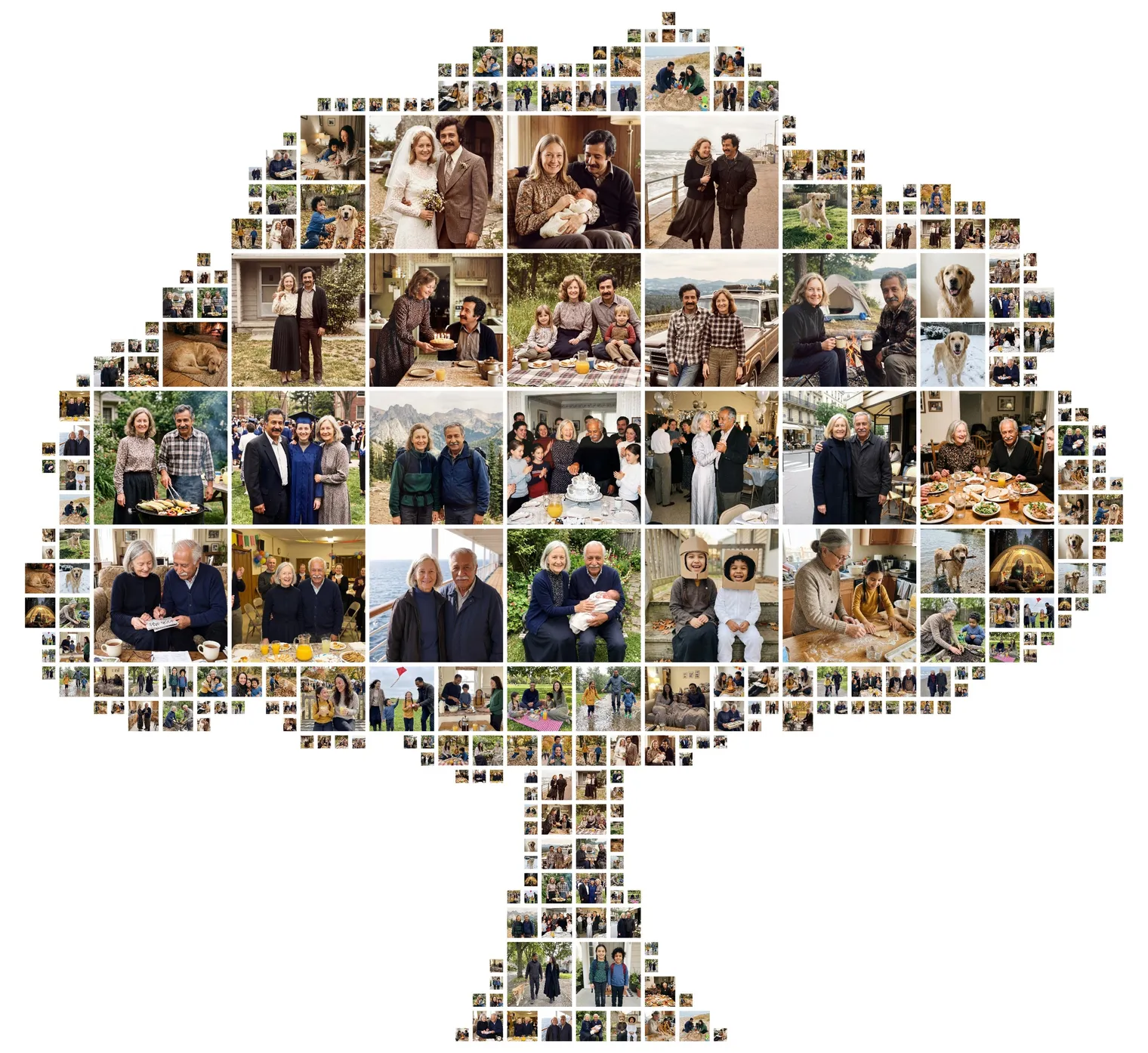 Tree-shaped photo collage made from photos of two families