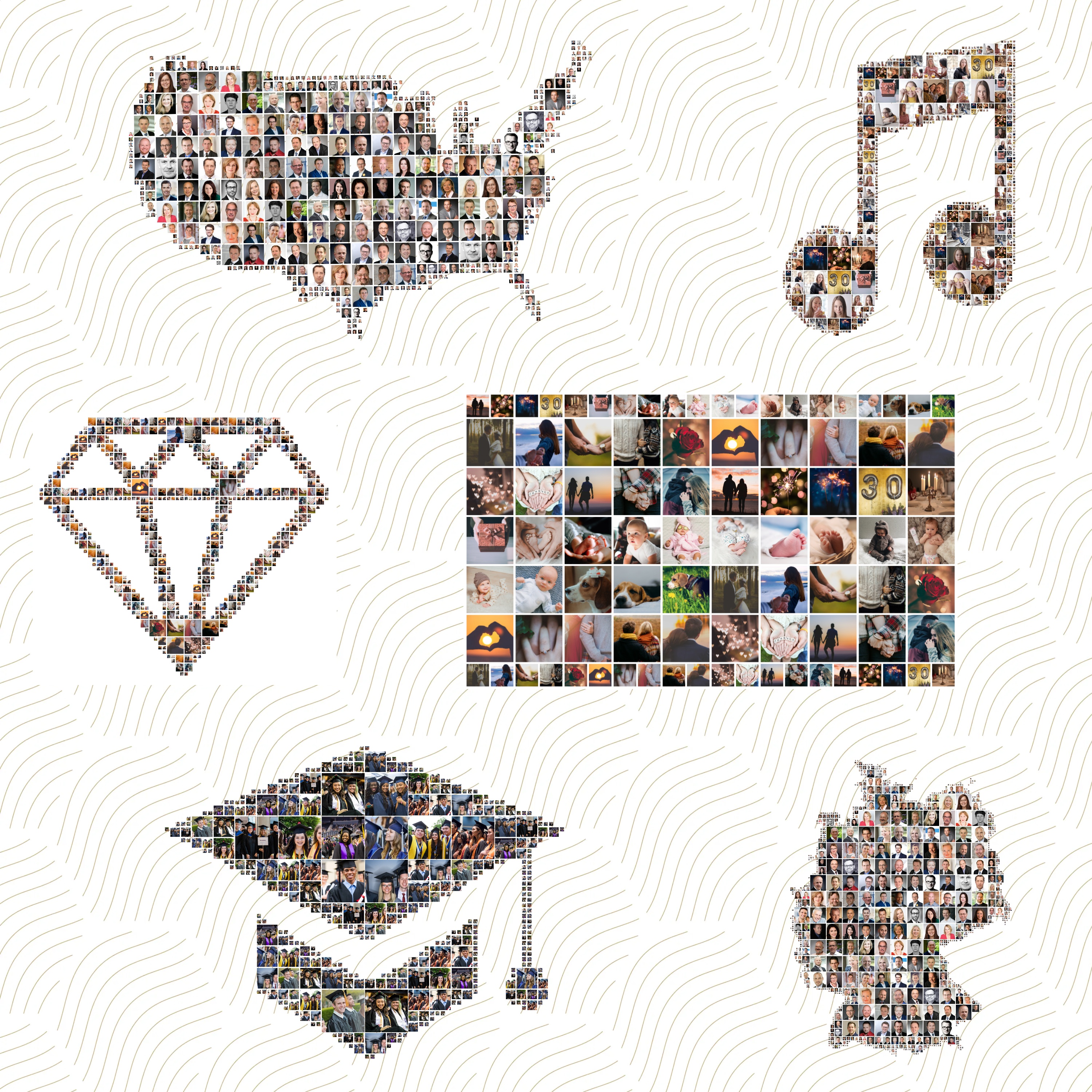Examples of custom shape photo collages including a USA map, a music note, a diamond, and a graduation cap.