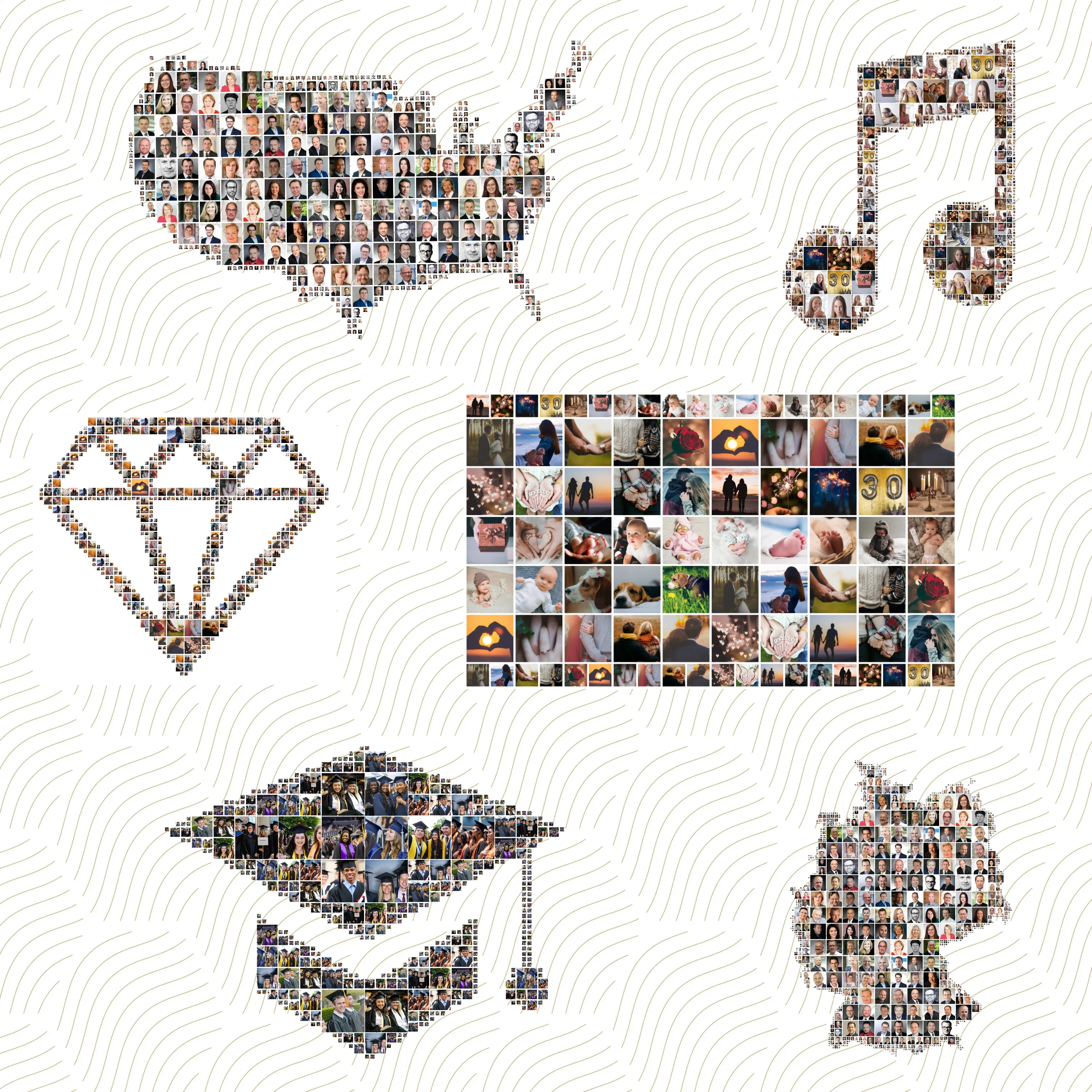 Examples of custom shape photo collages including a USA map, a music note, a diamond, and a graduation cap.