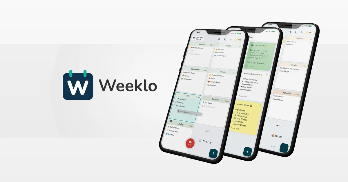 Weeklo weekly planner app logo next to three phones showing weekly plans with tasks for each day